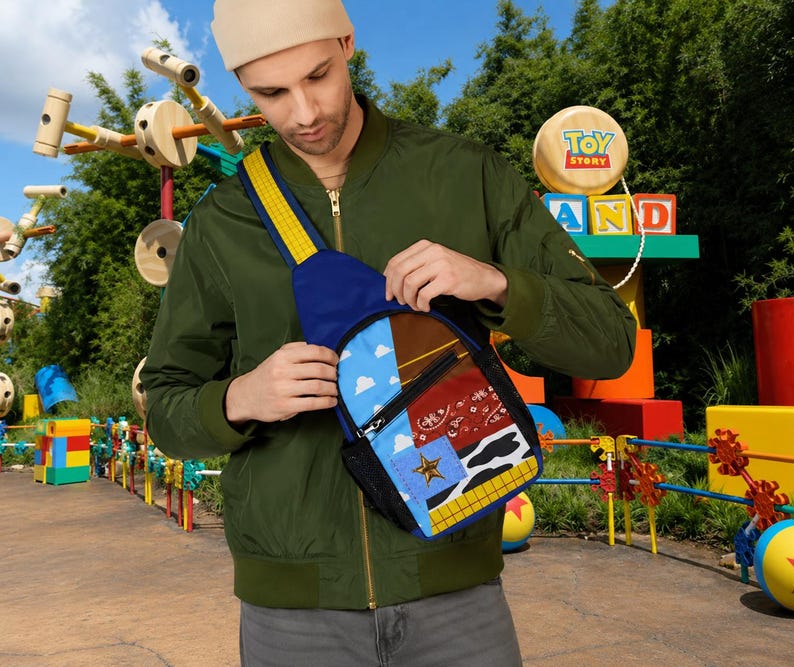 Puede incluir: Un bolso bandolera con un dise&ntilde;o de patchwork inspirado en Woody de Toy Story. El bolso incluye un patr&oacute;n de cielo azul con nubes, un estampado de bandana roja, un estampado de vaca, un borde de cuadros amarillos y un emblema de estrella dorada.