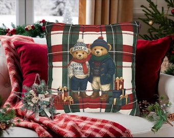 Ralph's Kissenbezug mit kariertem Teddybärenmuster, quadratischer Kissenbezug - Weihnachtliches Teddybärenpaar - Ralph's Weihnachtskissenbezug |