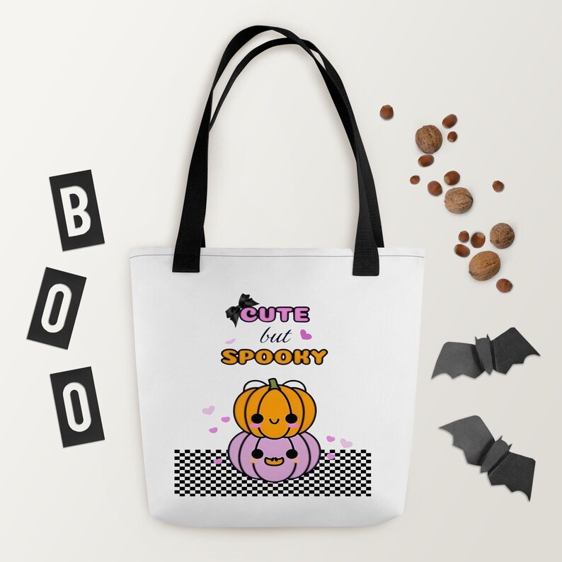 Coquette checkered cute but spooky Bolsa de tela, haloween tote bag, Checkered Halloween, Trick or Treat Trunk or Treat Bag