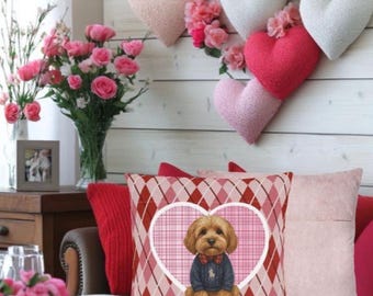 Herzkissen mit süßem Welpen im Pullover | Herzkissen im Karomuster | Valentinstags-Welpenliebe | Polo Ralph Lauren Valentinstag