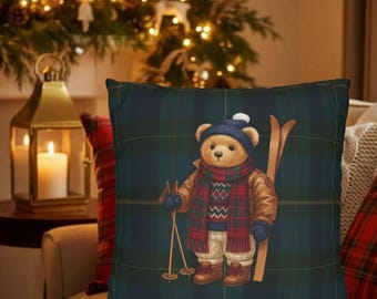 Kissenbezug mit Skifahrer-Teddybär | Weihnachtsdeko im Ralph-'s-Stil | Weihnachtlicher Tartan-Teddybär | Weihnachts-Polobär