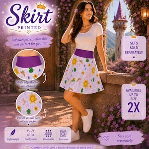 Könnte beinhalten: Bedruckter Rock mit hohem, verstellbarem Bund und einem lebendigen Allover-Print mit Sonnen und Blumen. Der Rock ist leicht, bequem und bis Größe 2XL erhältlich. Der Text auf dem Bild lautet "Skirt PRINTED".