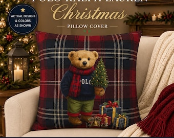 Polo Christmas Teddy Bear Pillow Cover | Tartan Throw Pillow Cover | Traditional Christmas Decor | Ralph Inspired Holiday Home Decor