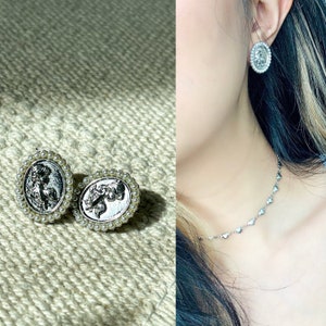 Silver Pearl Coin Elliptic Earring, Sterling Silver Stud Earring, No Piercing, None Pierced Ear Cuff, Fake Piercing, Gift, Handmade Jewelry