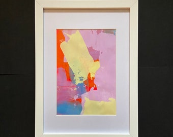 Framed original screenprint - yellow, lilac, orange and blue - A5 in A4 frame. Free postage to UK