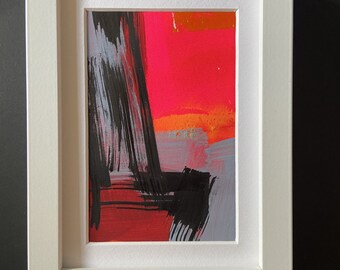 Framed original painting and screenprint - blue, orange and black - A6 in A5 frame. Free postage to UK