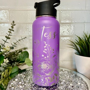 Water Bottle, 360 Degree Lasered 32oz Stainless Steel Water Bottle, Laser Engraved with Flowers, Butterflies, Garden, Floral, Personalized