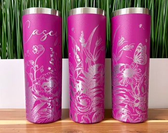 Travel Mug, 360 Degree Lasered 20oz Stainless Steel Tumbler, Laser Engraved with Flowers, Butterflies, Garden, Floral, Personalized Tumbler