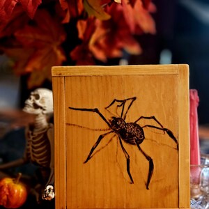 Puede incluir: Una caja de madera con un diseño detallado de araña negra. La araña está centrada en la madera marrón claro, con largas patas y un cuerpo texturizado. La caja forma parte de una exhibición de Halloween.