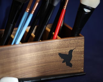 Handmade Makeup Brush Holder with Custom Hummingbird Engraving