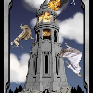 Könnte beinhalten: Tarotkarten-Illustration, die einen hohen, grauen Steinturm zeigt, der in Flammen steht und von einem Blitz getroffen wird. Zwei Figuren fallen vom Turm. Die Karte ist mit dekorativen Rändern und dem Text "THE TOWER" und "XVI" versehen.