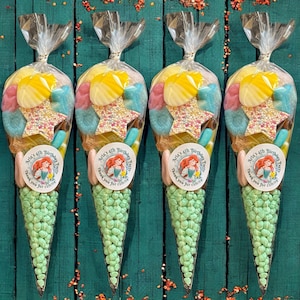 Personalised Mermaid Party Sweet Cones, Kids Party Favours, Pre-filled with Pick and Mix Sweets Children Sweetcones Sea Theme Sweets Green