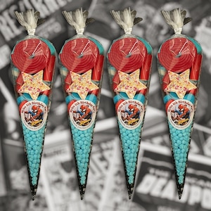 May include: Four cone-shaped sweet bags filled with blue, red, and white candies. Each bag features a star-shaped sweet and a red spiral sweet. Each bag has a label with a Spider-Man graphic and text, perfect for a birthday party.