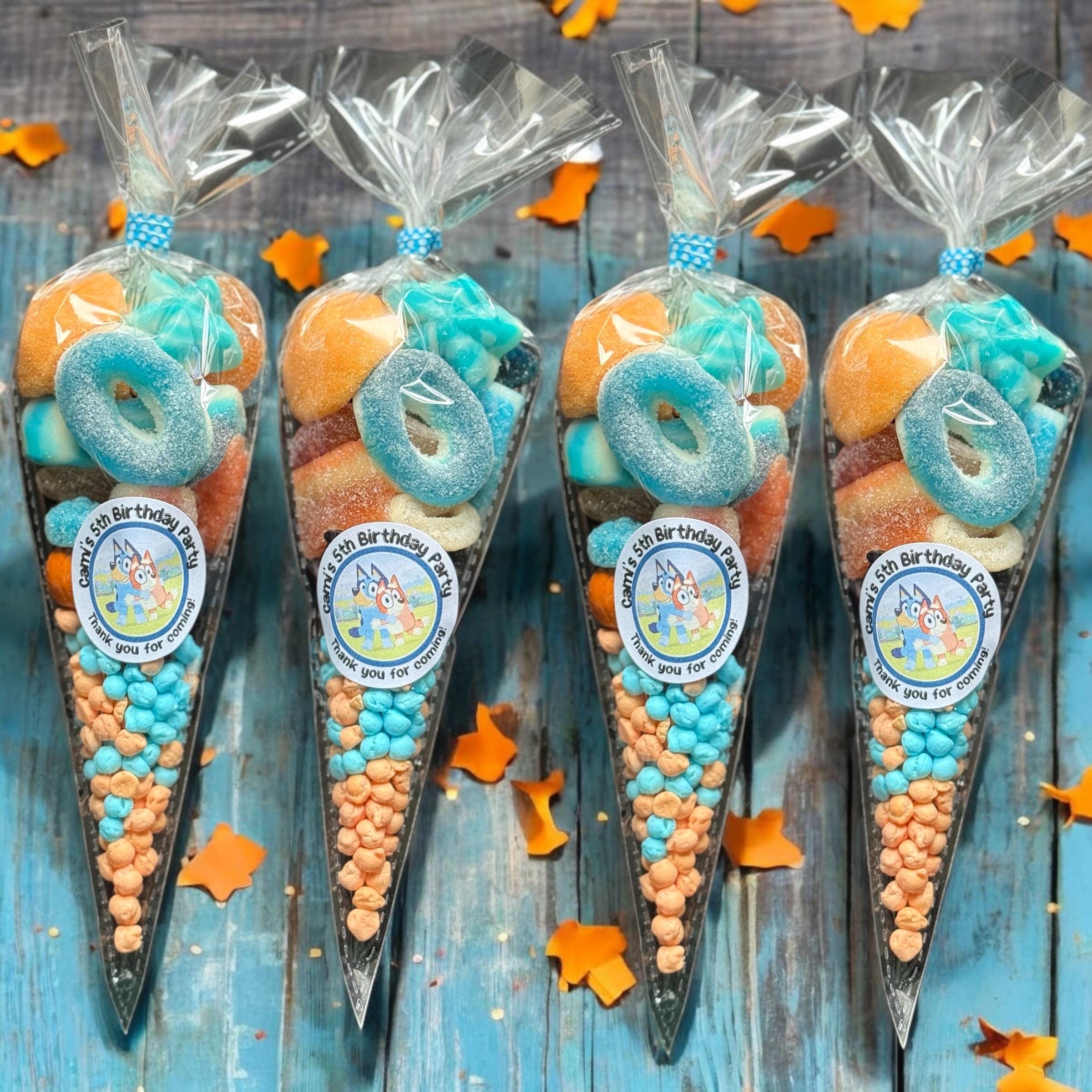 Personalised Bluey Dog Sweet Cones with Rainbow Sweets, Kids Party Favours Children Sweetcones Pre-filled with Pick and Mix Sweets