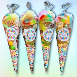 Rainbow Sweet Cones Party Favours filled with pick and mix Sweets