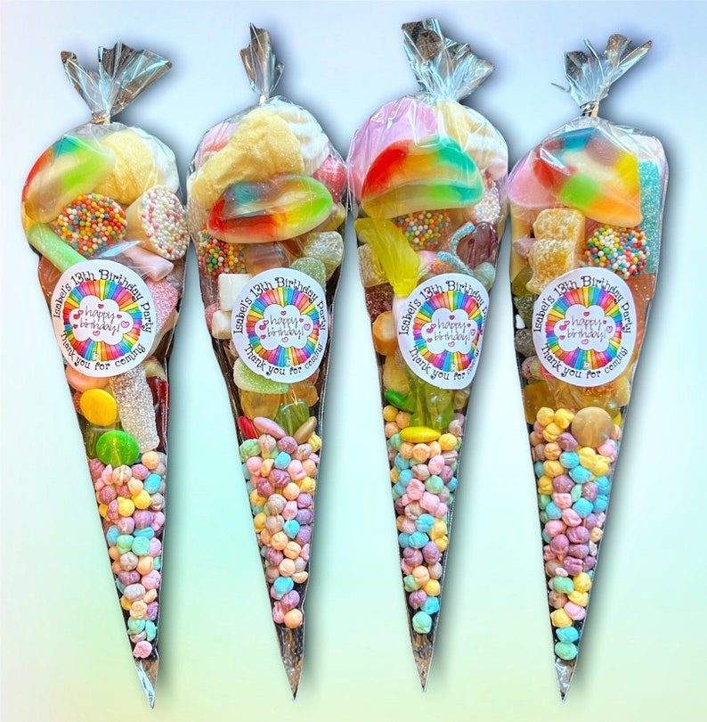 Rainbow Sweet Cones Party Favours filled with pick and mix Sweets 