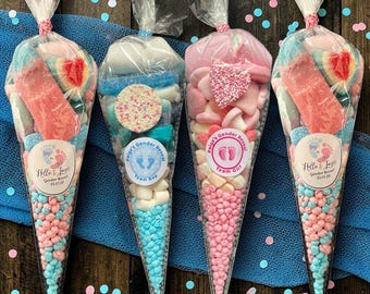 Conos de dulces para baby shower – Bolsas para fiesta de revelación de género – Dulces personalizados rosas y azules – Regalos para invitados de baby shower – Envío gratis