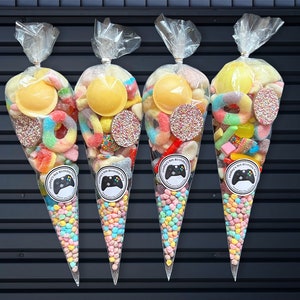 Personalised Gaming Party Sweet Cones with Pick and Mix Sweets Kids Party Children Pre- Filled Sweetcones Party Favours