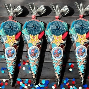 May include: Four cone-shaped party favor bags filled with colourful sweets. Each bag features a large blue sweet, star-shaped sweets, and a sticker with a Spider-Man graphic and the text "[Name]'s 8th Birthday Party".