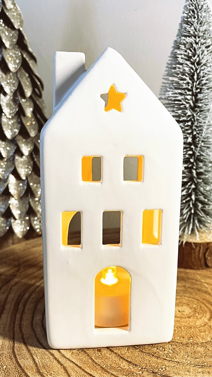 Tall Large White Ceramic House Tealight Holder Christmas Etsy UK