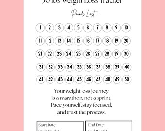 May include: A white 50 lbs Weight Loss Tracker sheet with black text and a grid of 50 numbered circles. It includes the heading Pounds Lost, motivational text, and fields for Start Date, End Date, Start Weight, and End Weight.