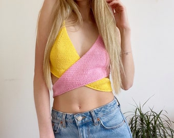 Knitting Pattern Bi-Colour Wrap Cropped Cami Top Digital Download