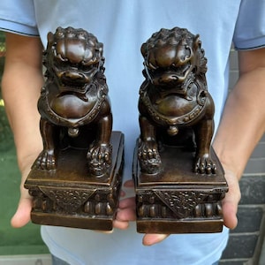 Pair Asian Copper Evil Fu Foo Dog Lion Statue Signed, Old Antiques Chinese Bronze Fu Foo Dog Guardian Lion Statues, Marked Feng Shui PA0081