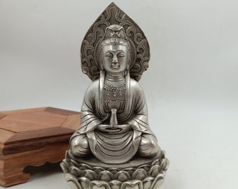 Collection White Copper Guanyin Bodhisattva Craft Statue tibet Silver color Dragon Kwan-Yin Guan Yin Bodhisattva Buddha