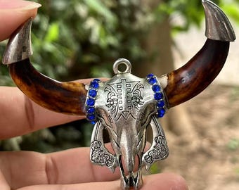 Carved Longhorn Skull Pendant with gemstone, Carved Bull Head Skull Pendant Necklace, Buffalo skull pendant Charm, Punk rock Bull necklace