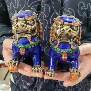 Pair Antiques Asian Copper Evil Fu Foo Dog Lion Statue Signed, Old Chinese Bronze Fu Foo Dog Guardian Lion Statues, Marked Feng Shui pf1031