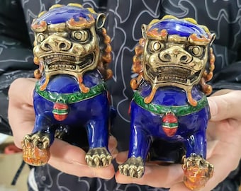 Pair Antiques Asian Copper Evil Fu Foo Dog Lion Statue Signed, Old Chinese Bronze Fu Foo Dog Guardian Lion Statues, Marked Feng Shui pf1031