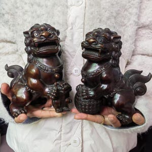Pair Old Antiques Asian Copper Evil Fu Foo Dog Lion Statue Signed, Chinese Bronze Fu Foo Dog Guardian Lion Statues, Marked Feng Shui pF1030