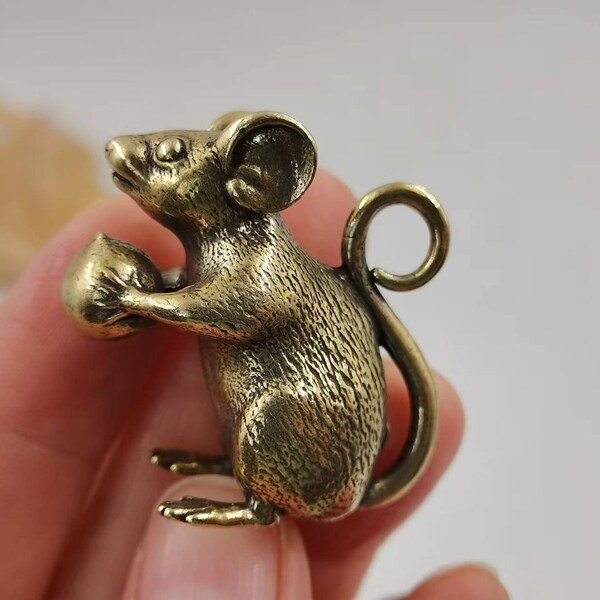 Get 2 fine Brass cute lovely mouse figurine pendant, Mouse Toy Figure, Rat eat Peach, Fairy Garden Mice Metal Mouse Rat Figurine Gray Animal