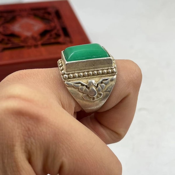 Bague carrée en chrysoprase naturelle, bague réglable en argent sterling 925, bague Punk Antique faite à la main, pierre précieuse de Jade vert, bijoux cadeaux pour femmes