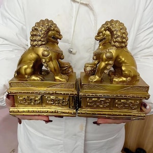 Asian Antiques Copper Evil Fu Dog Lion Statue Pair Signed, Chinese Bronze Foo Dog Guardian Lion Statues, Marked FengShui Energy cleansing