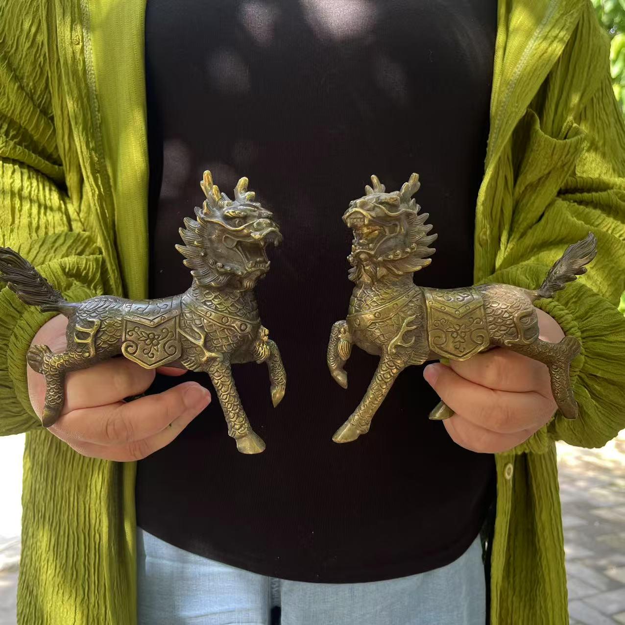 A Pair Brozen Feng Shui Chi Lin QiLin Kei Loons Dragon Horse Heavenly Unicorn , Wealth Porsperity Pair of Fu Foo Dogs Guardian Lion gifts