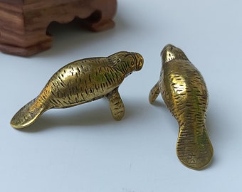 Get 2 pieces Copper makes brass cute Manatee sculpture ornaments, copper makes funny sea animal desk decoration copper statue art crafts