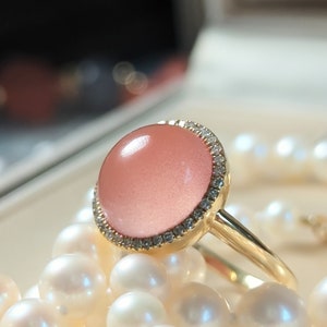 Icy Pink Nanhong Agate Ring: 18K Gold Diamond Halo