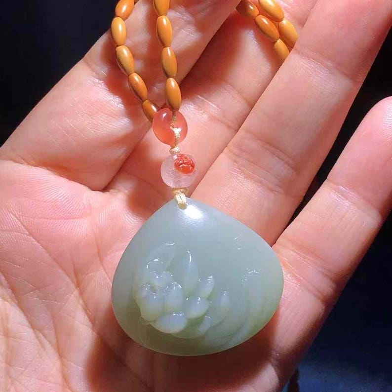 Beautiful Hetian Jade Pastel Blue Jade Lotus Pendant Necklace