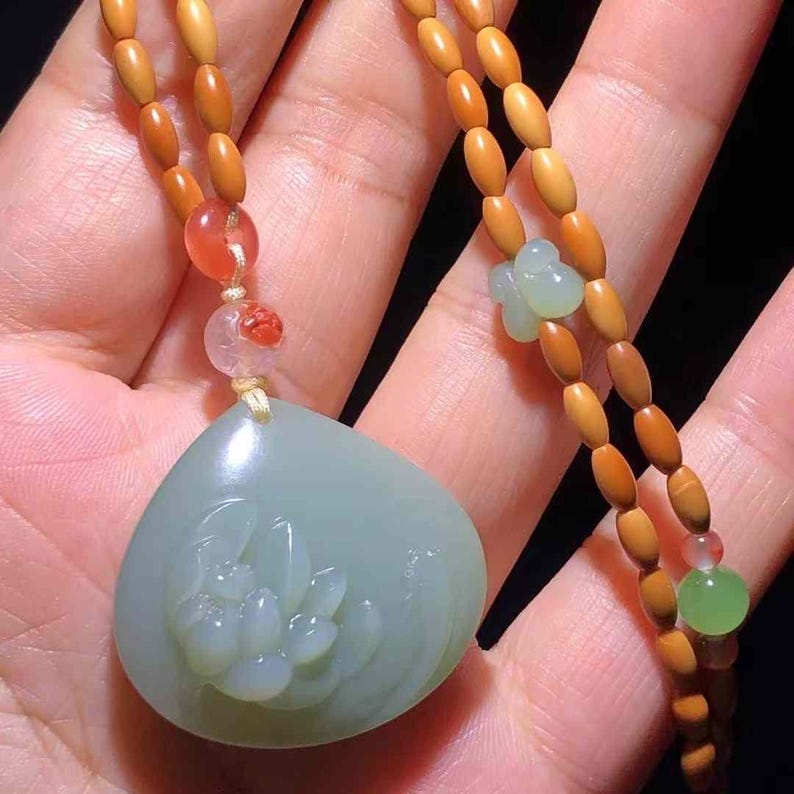 Beautiful Hetian Jade Pastel Blue Jade Lotus Pendant Necklace