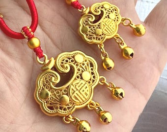 Pendentif cadenas longévité délicat en or 24 carats - Collier chinois délicat de bénédiction de bébé