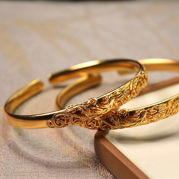 Chinese style dragon and phoenix gold bangle 24 k gold plated brass bangle