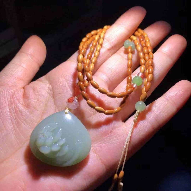 Beautiful Hetian Jade Pastel Blue Jade Lotus Pendant Necklace