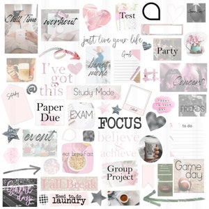 May include: A collection of colorful digital planner stickers with various themes, including study, work, events, and personal goals. The stickers feature text such as "Chill Time", "Workout", "Study Mode", "Focus", "Believe & Achieve", "Group Project", "Game Day", "Concert", "Party", "Today is Your Day", "Time with Friends", "Fall Break", "Need to do Laundry", "Paper Due", "Exam", "I've Got This", "Just Live Your Life", "Best More", "Event", "Goals", and "To Do".