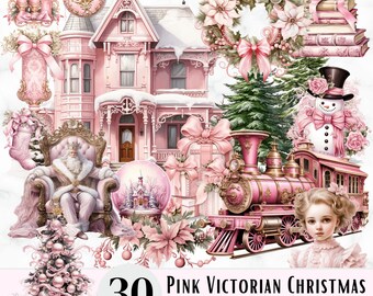 May include: A set of 30 pink Victorian Christmas clip art images. The images include a pink Victorian house, a pink train, a snowman, a Christmas tree, a wreath, a Father Christmas, and other festive elements.