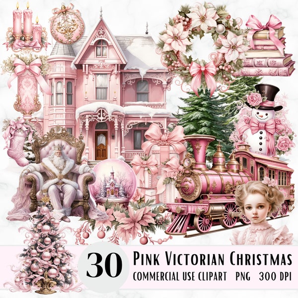 Pink Christmas Winter Clipart, Santa PNG, Pink Victorian House, Train, Ornaments, Gifts, Snowman, Junk Journal, Scrapbooking, Wall Art