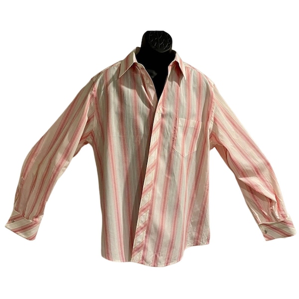 Vintage Preowned CLAIBORNE Men's Button-Down Long-Sleeve Dress Shirt French Cuffs Pink and Cream  Dotted Stripe Pattern Modern Fit Size XL