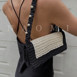 Black Raffia Bag | black straw bag |cream straw bag, Pearl Shoulder Bag,Crochet Raffia Shoulder Bag | black and cream purse | Clucth purse