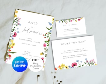 Baby In Bloom Baby Shower Invitation Set, Baby In Bloom Invitation, Editable Wildflower Baby Shower, Spring Baby Shower Template Floral