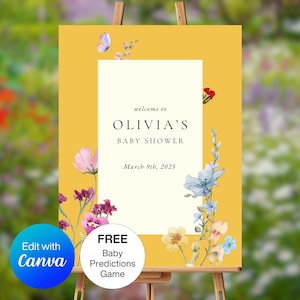 Wildflower Baby in Bloom Welcome Sign Template Gender Neutral Green Floral Baby Shower Entrance Sign Flower Photo Backdrop Editable Download